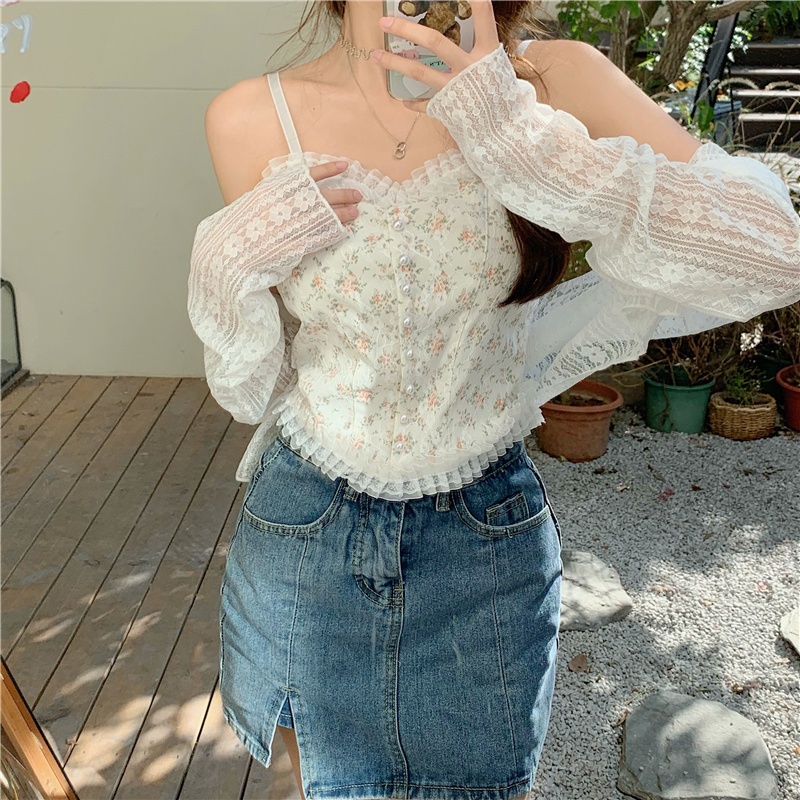 Áo 2 dây có mút ngực áo hai dây croptop Ôm Dáng Phối Ren Họa Tiết Hoa Quyến Rũ Thời Trang Kiểu Pháp Cho Nữ