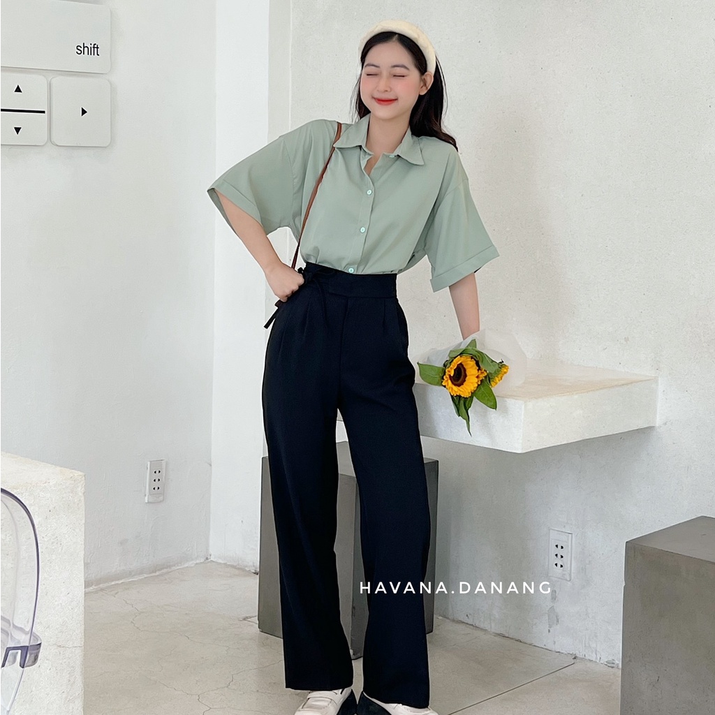 Quần ống rộng suông nữ, quần lưng cao dây buộc eo form suông ulzzang AE168