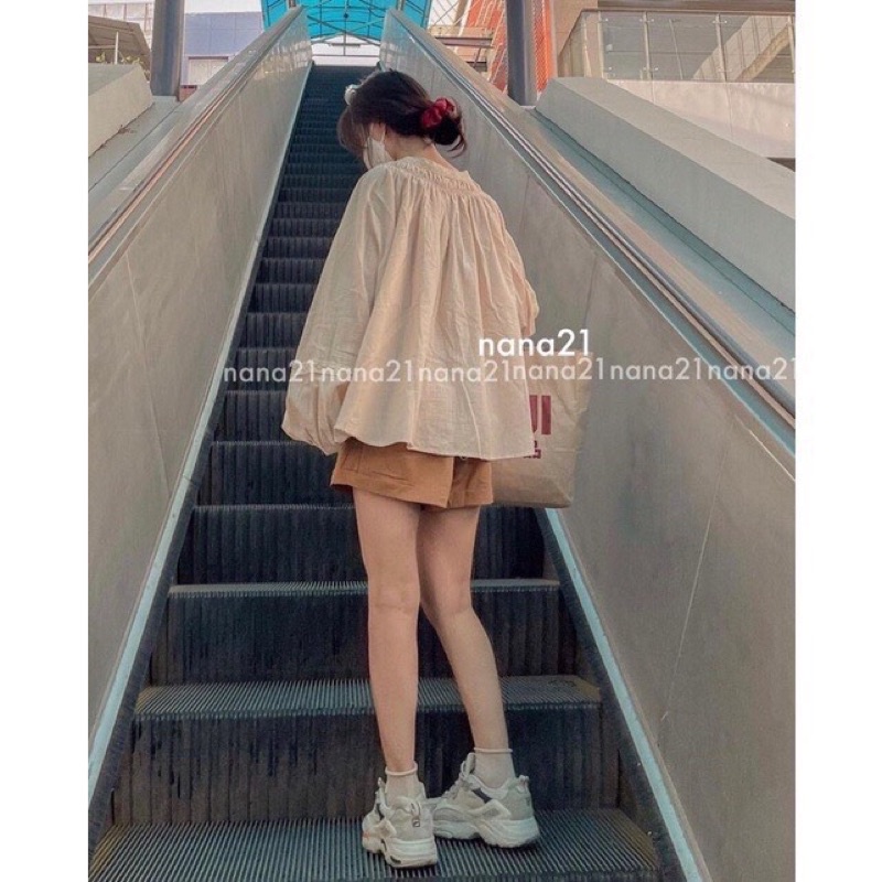 Set Babydoll Ren Phối Short Nâu L.YStore Nữ 🌸Bộ áo sơ mi dài tay phồng vintage kèm quần sooc ống rộng Ulzzang🌸