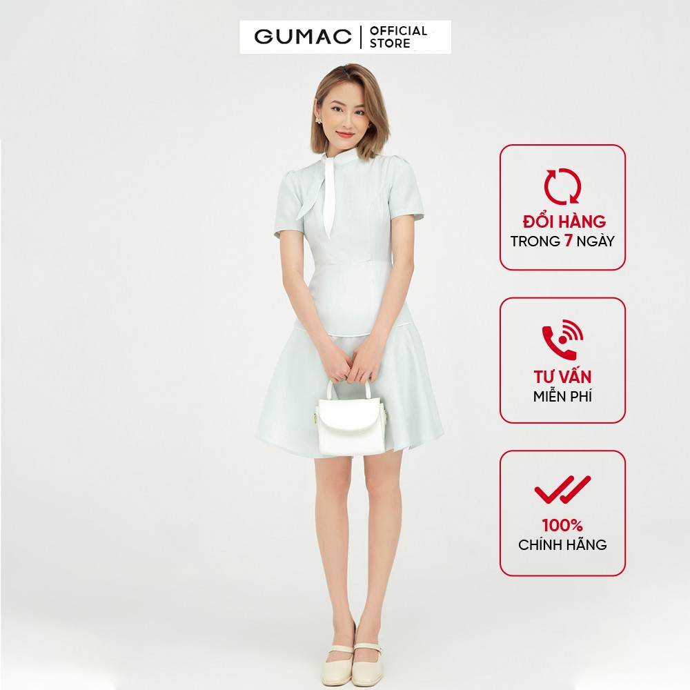 [Mã MABR07062 giảm 8% tối đa 50K đơn từ 249K] Đầm công sở nữ dáng xòe cột nơ GUMAC tay ngắn màu xanh nữ tính DB568