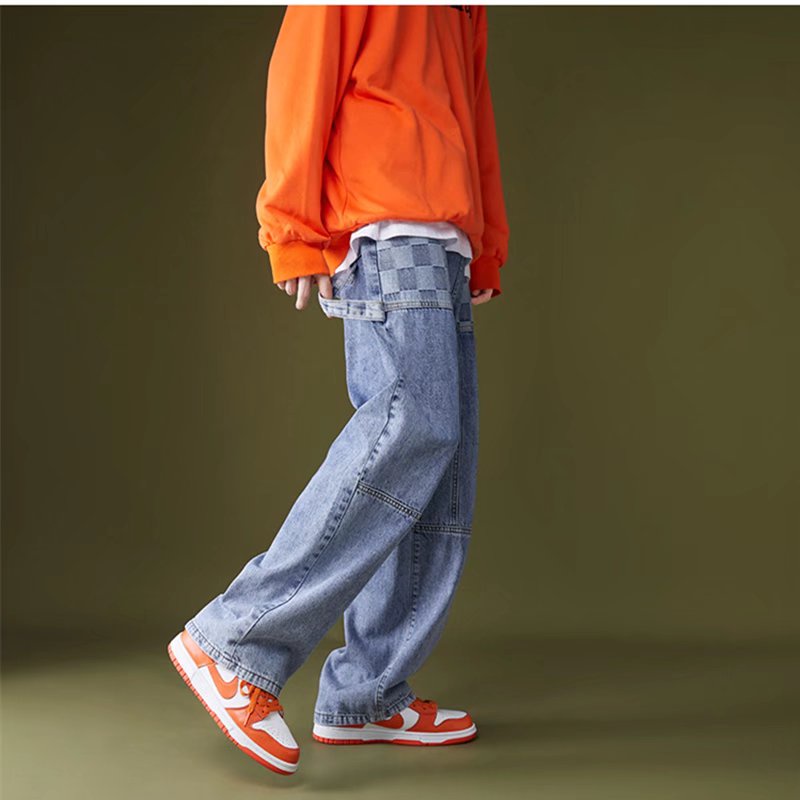 Quần jeans dài dáng rộng ống suông họa tiết caro có dây khóa kéo lưng vừa thời trang đường phố cho nam