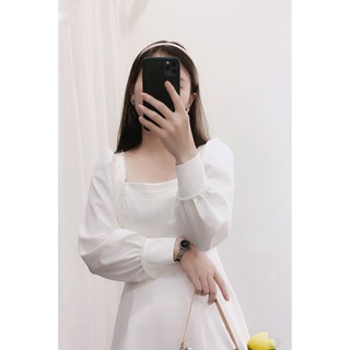 Váy trắng dự tiệc thiết kế ren cổ vuông tay dài , Đầm chữ A dáng xòe body du lịch lễ hội xuân chụp kỷ yếu cưới hỏi
