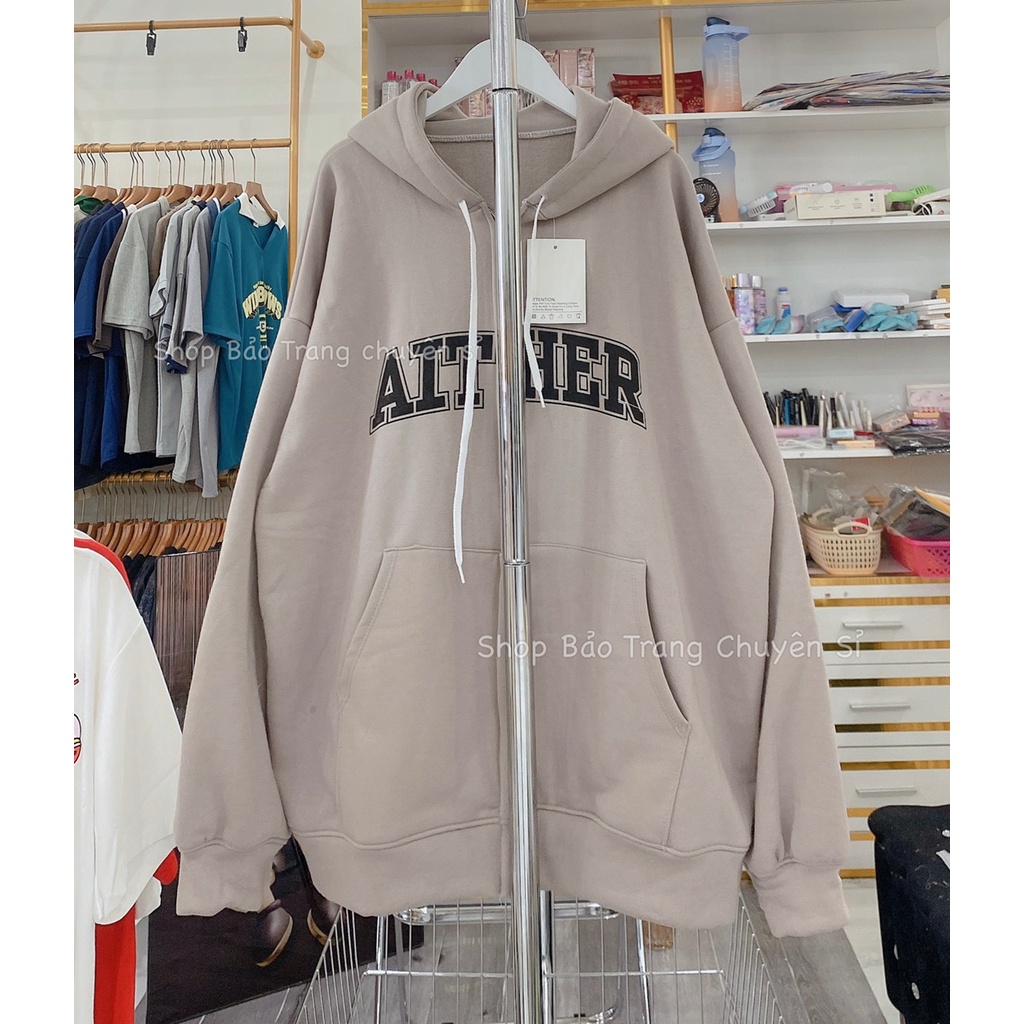 Khoác Nỉ Hoodie Màu Be Chữ AIT Dáng Rộng Nam Nữ Mũ 2 Lớp Tay Bồng Basic