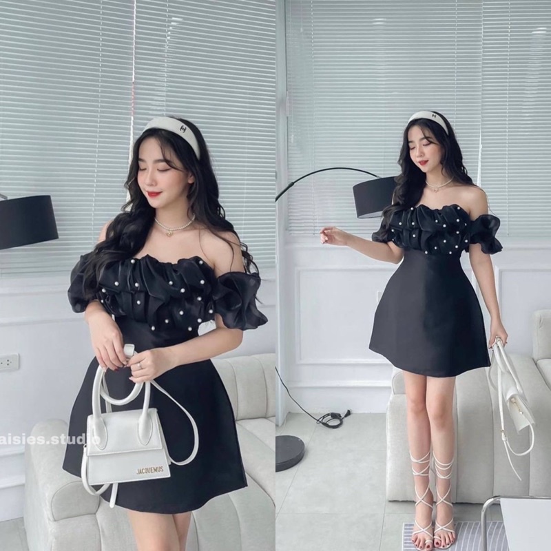 Váy Tacta Trễ Vai Sang Chảnh (hình thật) Đầm Trễ Vai Đi Tiệc Chất Tacta Đính Cườm loại 1