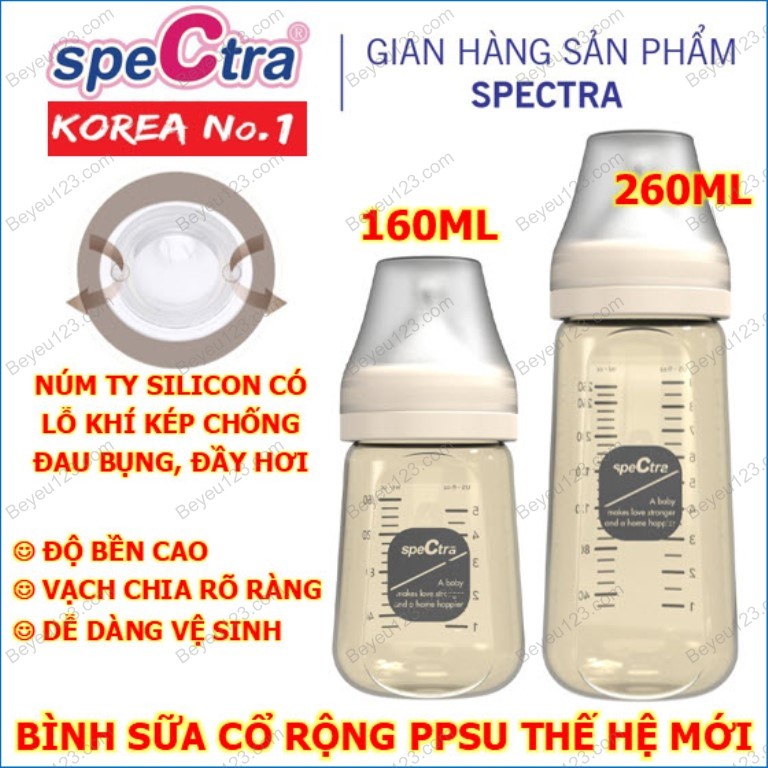 Tặng tay cầm - Bình sữa PPSU cổ rộng cao cấp Spectra 160ml / 260ml kèm núm ti size S / M / L / LL - HÀN QUỐC