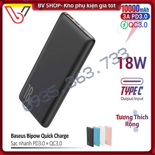 Sạc dự phòng sạc nhanh FREE SHIP  pin dự phòng Baseus Bipow 18w sạc nhanh Quick Charge 3.0 &amp; PD 3.0 18W