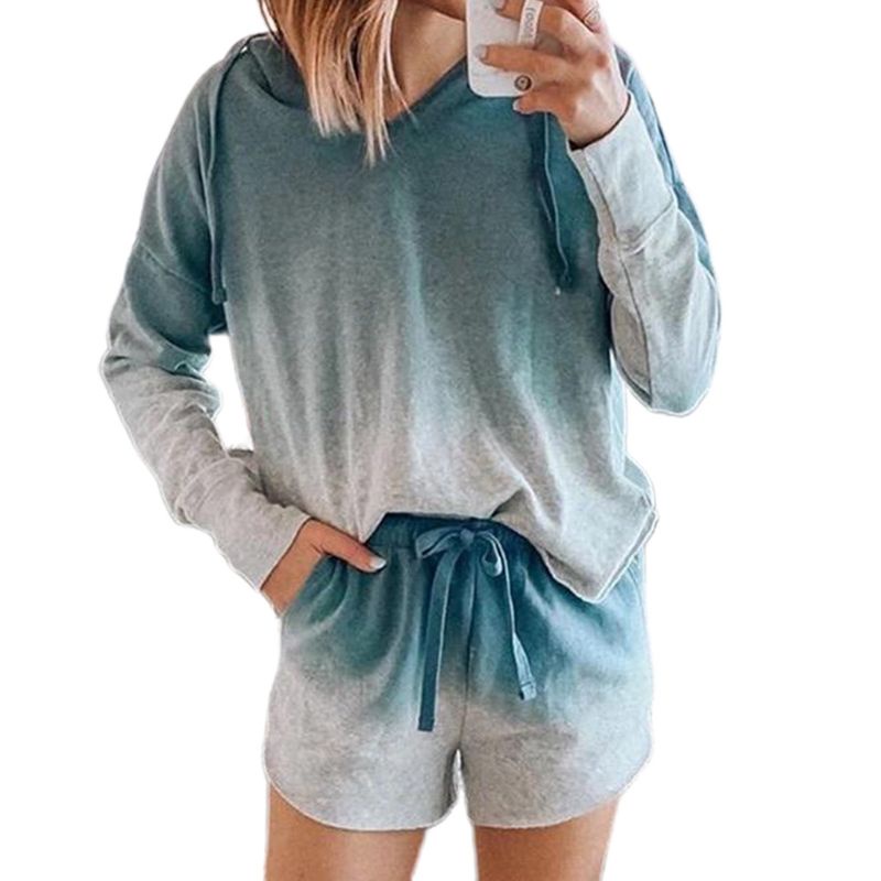 Bộ Đồ Ngủ 2 Món Áo Tay Dài Cổ Chữ V Phối Quần Short Rút Dây Màu Sắc Gradient Thời Trang Xinh Xắn Cho Nữ