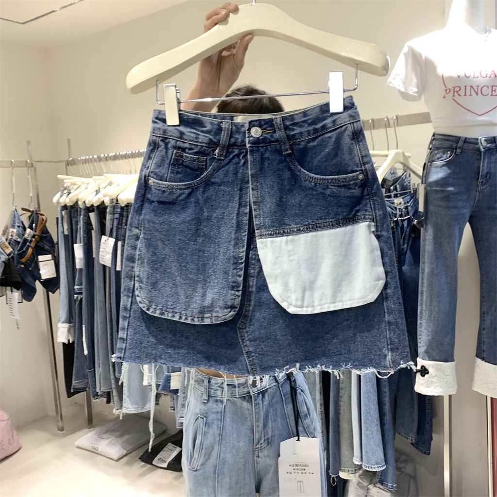 Jiashucheng Chân Váy Denim Chữ A Lưng Cao Phối Túi Thiết Kế Bất Đối Xứng Phong Cách Hàn Quốc Thời Trang Mùa Hè Cho Nữ