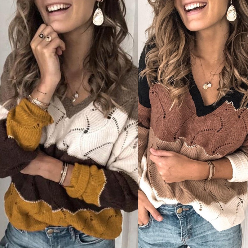 Áo Sweater Dệt Kim Cổ V Tay Dài Kẻ Sọc Phối Màu Dễ Thương Cho Nữ