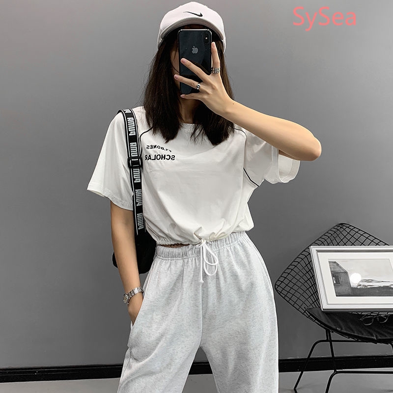 Áo Thun Croptop Tay Ngắn Dáng Rộng Thêu Chữ Trẻ Trung Năng Động Cho Nữ