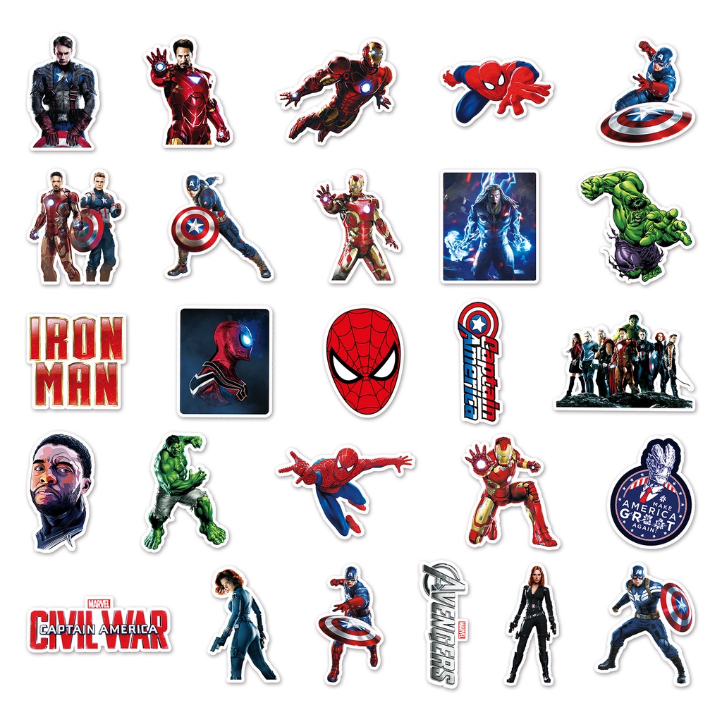 Combo 30 Sticker Chống Nước Decal Dán Điện Thoại Laptop Mũ Bảo Hiểm Vali Đàn Guitar Bình Nước Sổ Tay [Avengers Marvel]