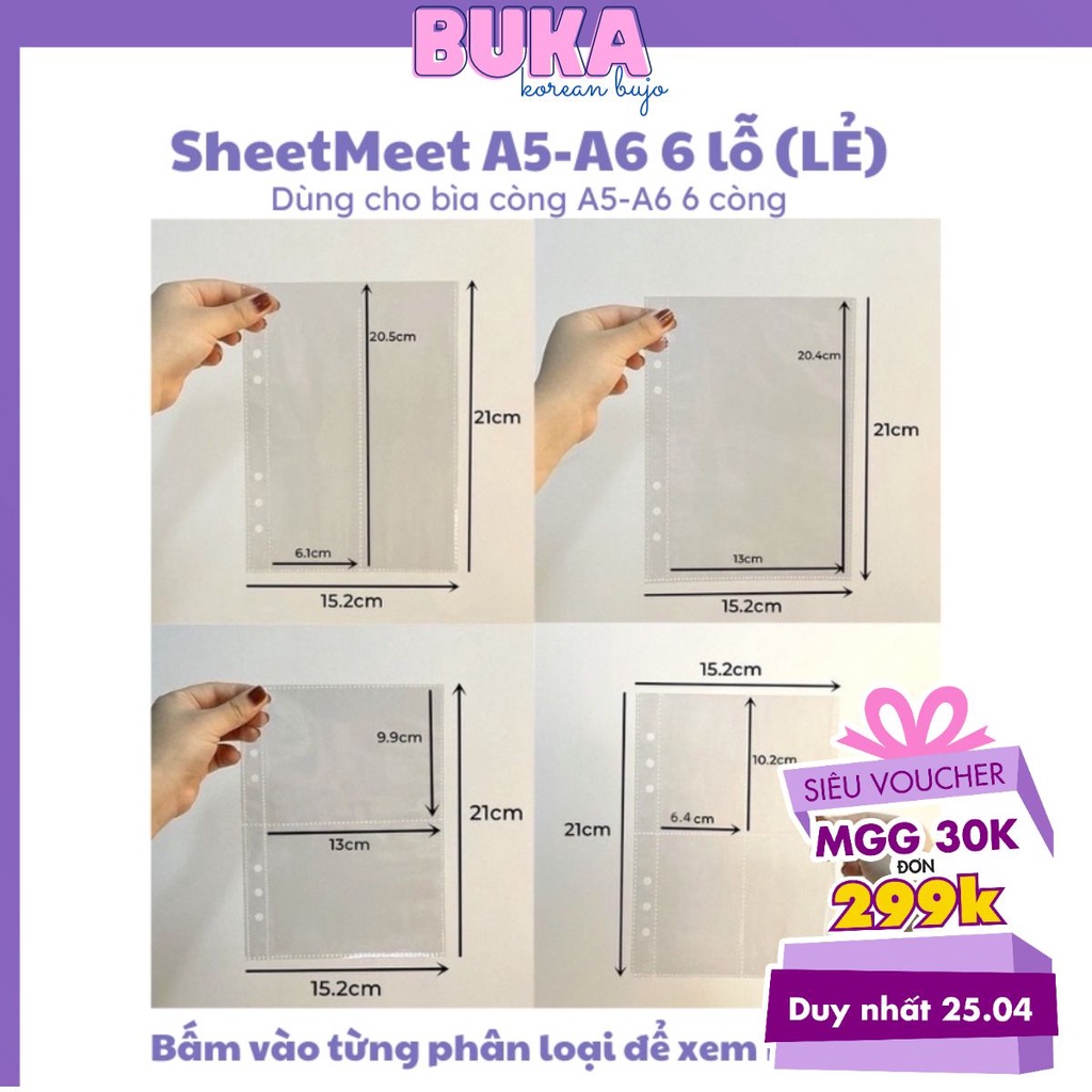 [LẺ] Sheet meet chứa ảnh Buka nhiều kích thước trong suốt 6 lỗ (CHƯA KÈM BÌA) đựng card, banner, strip cho binder