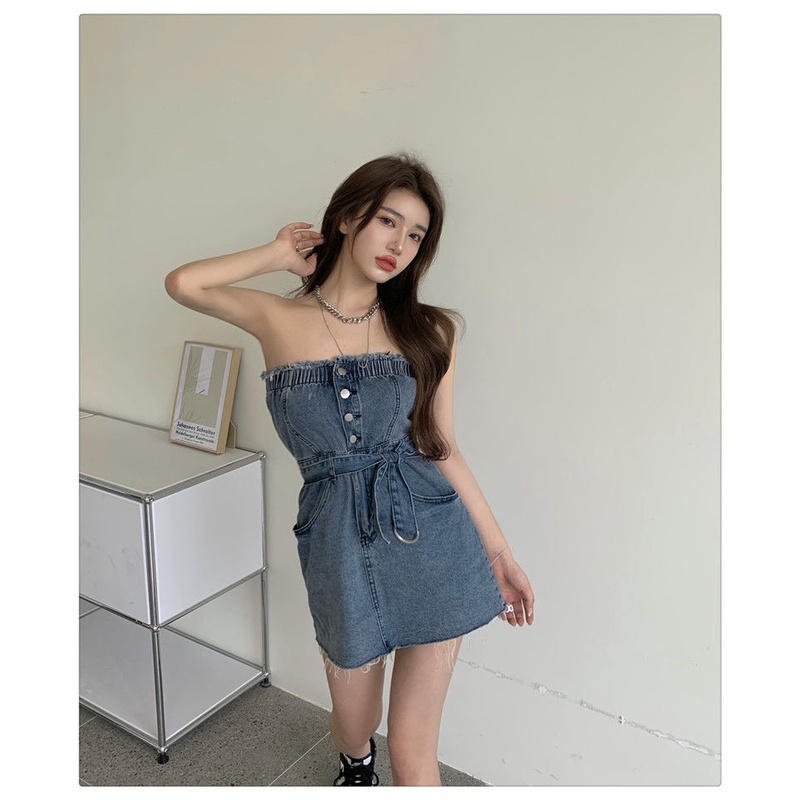 Denim dress women's 2022 new summer dress temperament gentle style Strapless short skirt bandage off shoulder skirt fashion