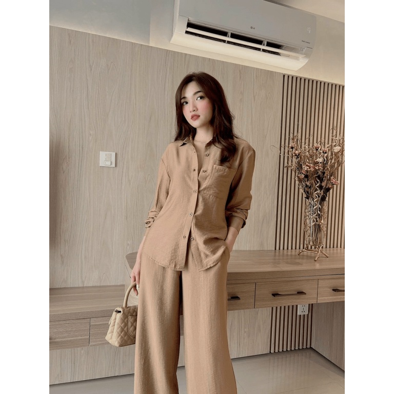 Sét Bộ 2 Món Quần Ống Rộng Kết Hợp Áo Sơ mi Dài Tay Chất Tuyết Nhung Nhẹ Mát Phù Hợp Mọi Nơi [NEW UNISEX]