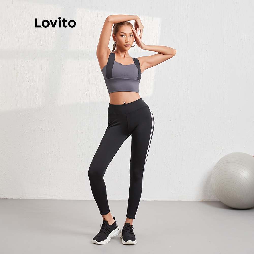 Quần legging thể thao Lovito phối màu tương phản độ co giãn cao L08078 (màu đen)