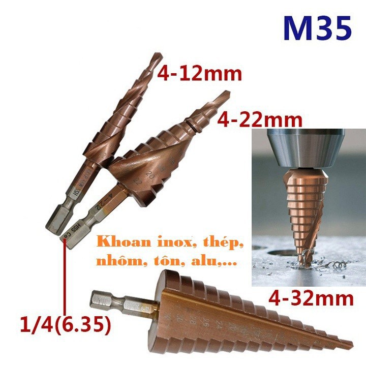 Bộ 3 mũi khoan tháp hss coban m35 khoan inox, thép, sắt, nhôm, tôn,..