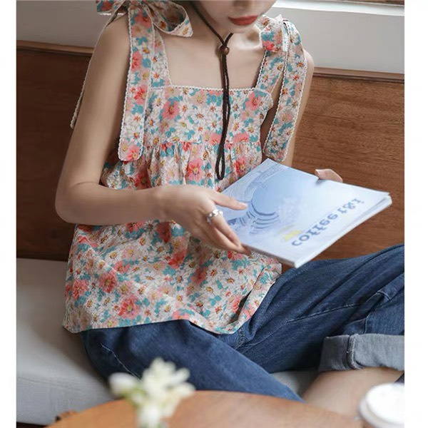 Áo babydoll tiểu thư A8293 Kiểu áo họa tiết hoa cách điệu tay thành dây buộc cực sang chảnh