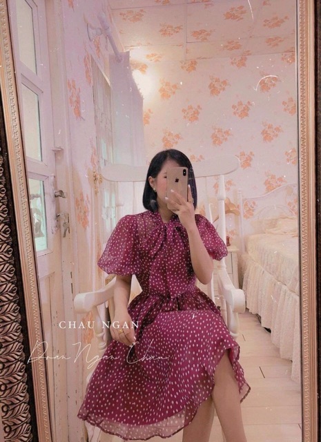 Đầm xoè ngắn chấm bi cổ phối dây cột nơ _FREESHIP