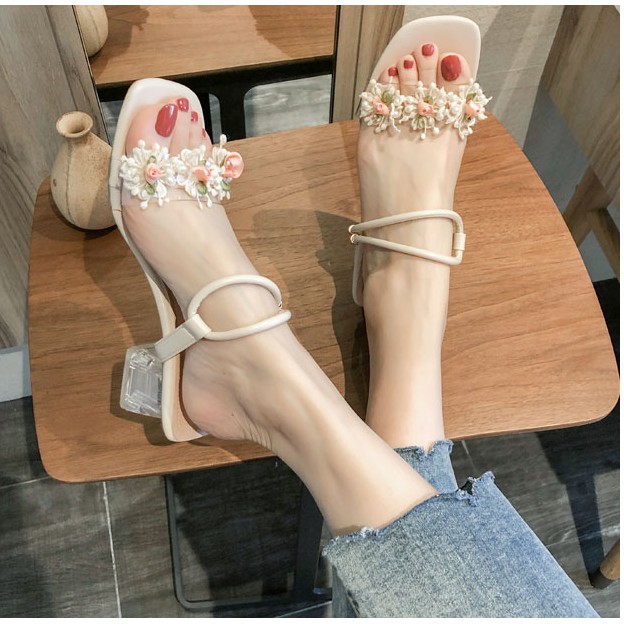 HL Fashion| HLGD17 Sandal Nữ Gót Vuông 5CM Quai Đính Hoa Điệu Đà Xinh Xắn Mẫu Mới 2021