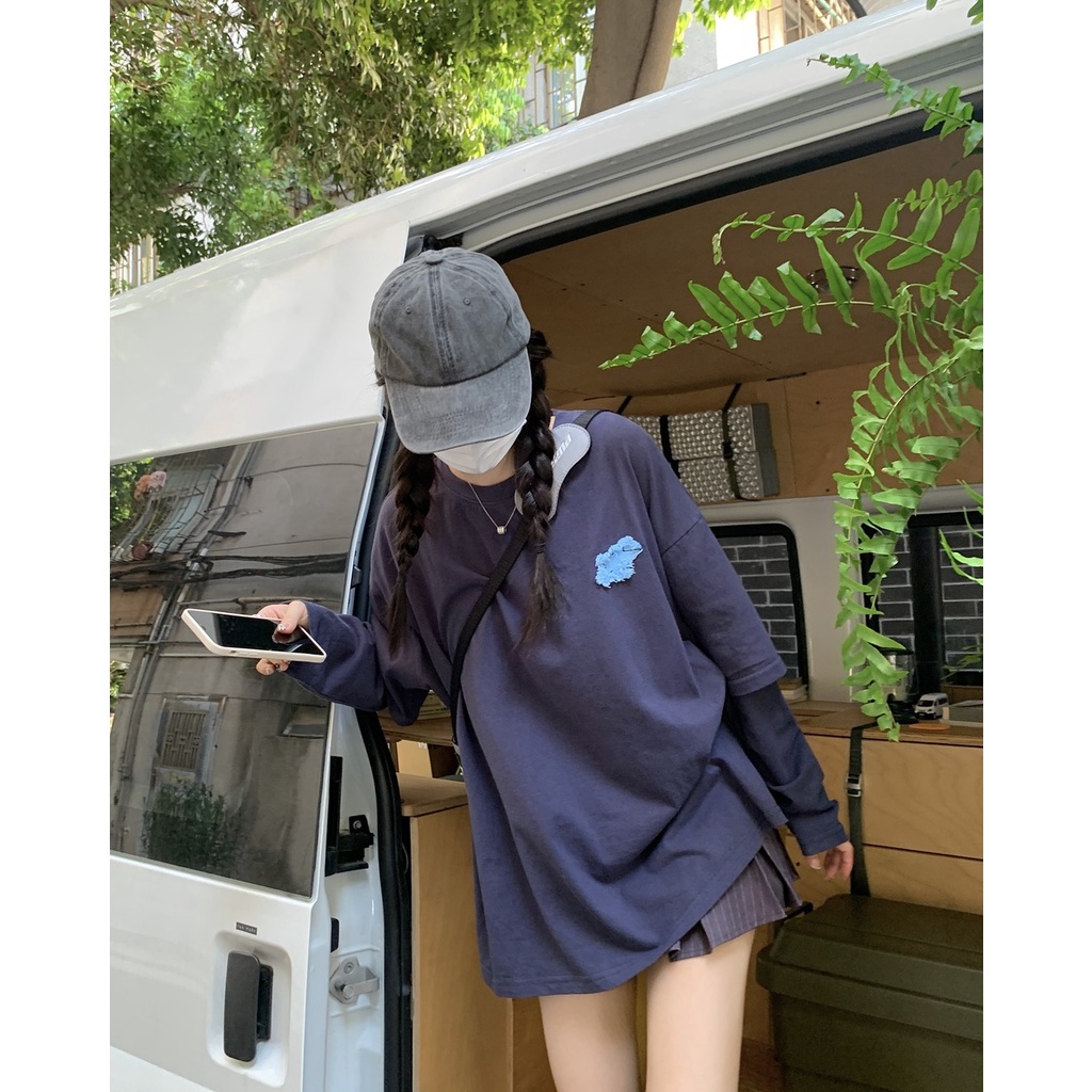 Áo Thun Tay Dài Cổ Tròn Thêu Hình Ngôi Sao Viền Thô Thời Trang Hàn Quốc Dành Cho Bạn Nữ