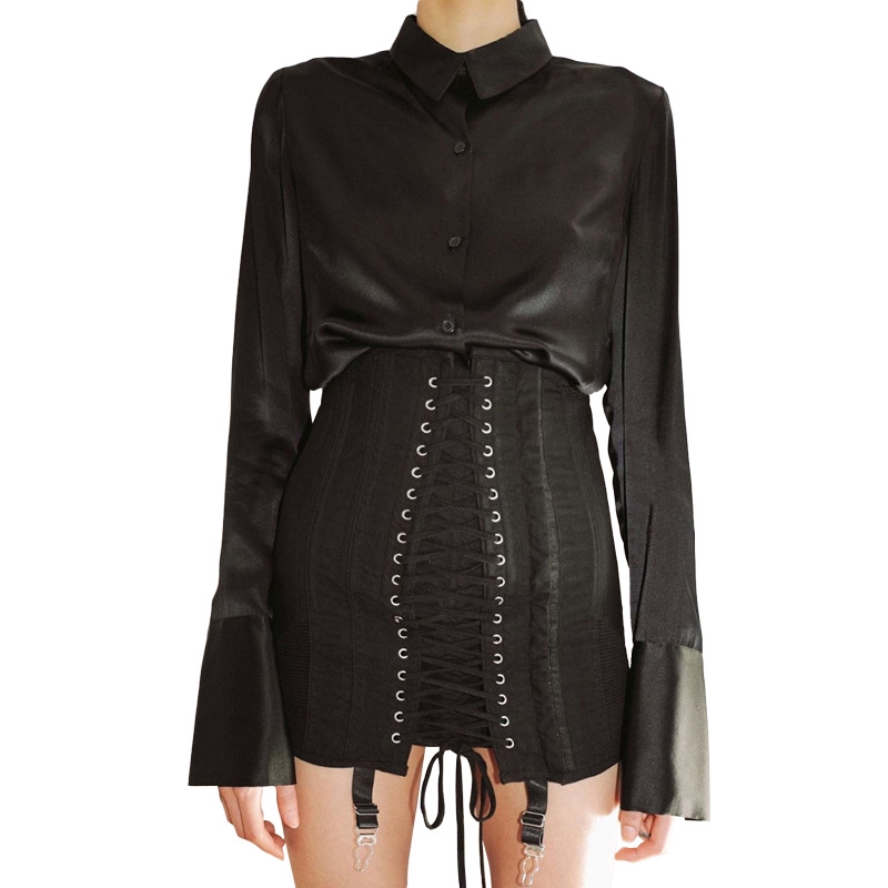 DUNEA Chân váy lưng cao kiểu cột dây thời trang đường phố cá tính