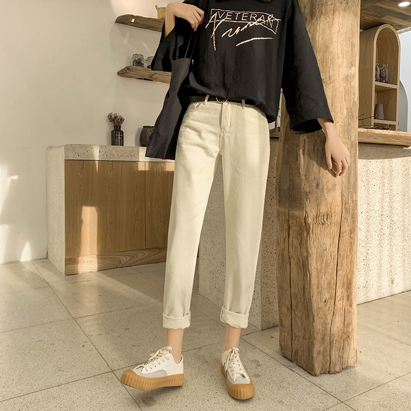 SUXI Quần jeans lưng cao ống rộng phong cách Hàn Quốc