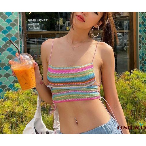 Hgm- Áo Crop Top Hai Dây Hở Lưng Họa Tiết Kẻ Sọc Nhiều Màu Sắc Cột Dây Gợi Cảm Mùa Hè Cho Nữ