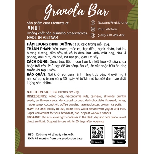 Thanh Bar Granola vị cà phê & socola- thanh ngũ cốc hạt tiện lợi ăn kiêng, giảm cân an toàn