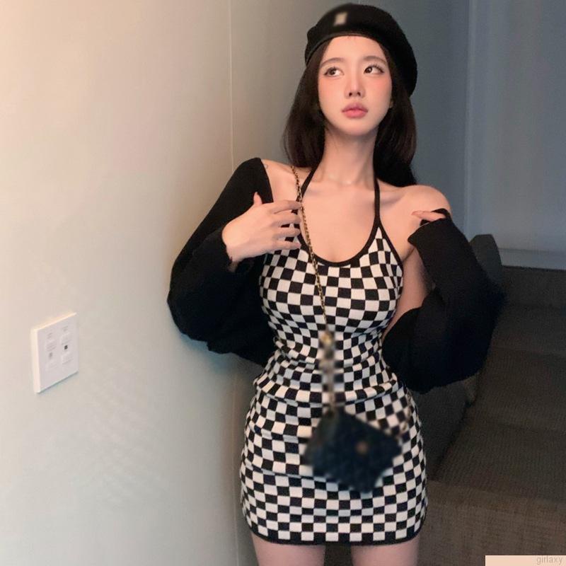 Đầm ngắn ôm dáng không tay in họa tiết caro phong cách Hàn Quốc quyến rũ cho nữ