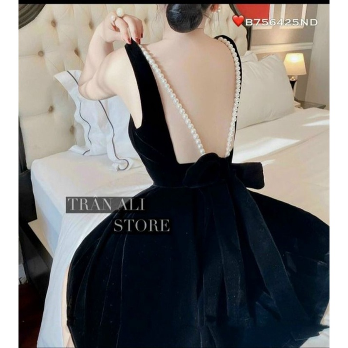 [SIÊU PHẨM]ĐẦM NHUNG HẠT NGỌC NƠ LƯNG CÓ MÚT NGỰC 2 màu đen và đỏ YLTV8121