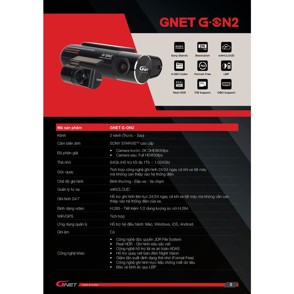 [Hỗ trợ lắp đặt] CAMERA HÀNH TRÌNH OTO CHUYÊN DỤNG HÀN QUỐC GNET G-ON 2 | BigBuy360 - bigbuy360.vn