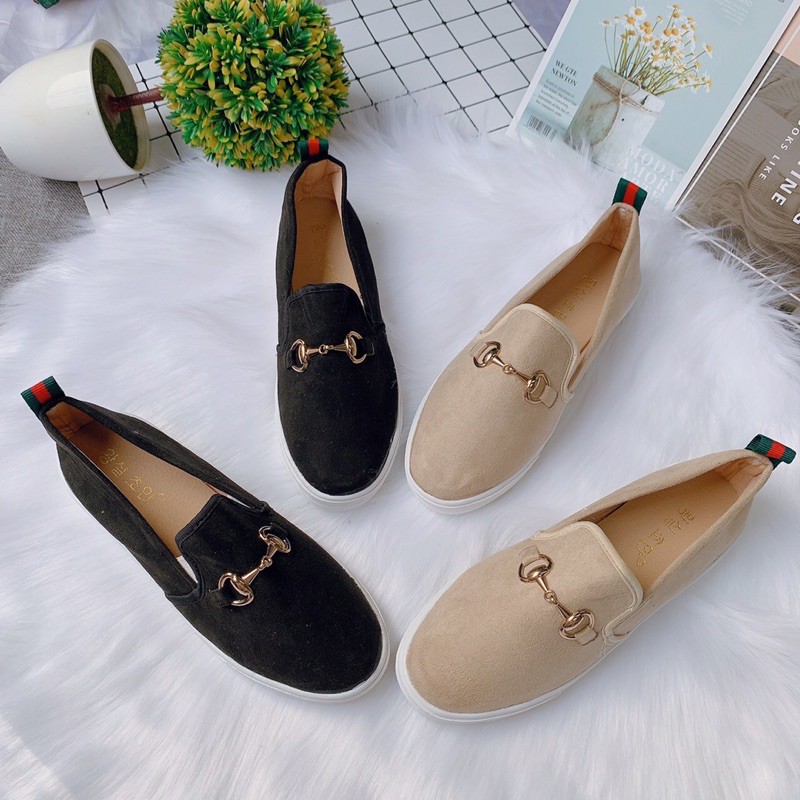 [Freeship đơn 50k] Giày slip on nữ trơn tag khoá gót kẻ 2 màu -Ảnh chụp thật