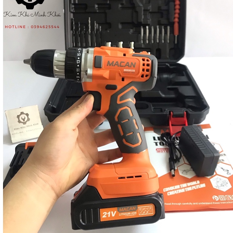 Máy khoan pin không chổi than 10MM MACAN 21V - Chân pin thông dụng |Khoan từ cầm tay động cơ không chổi than