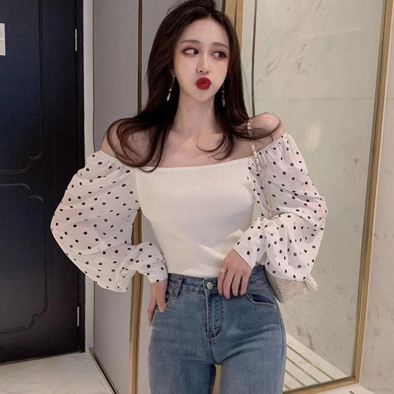 Áo nữ trễ vai họa tiết chấm bi thời trang quyến rũ