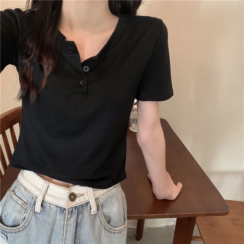 Áo thun BH ngắn tay cổ tròn phối nút màu trơn thời trang mùa hè mới cho nữ