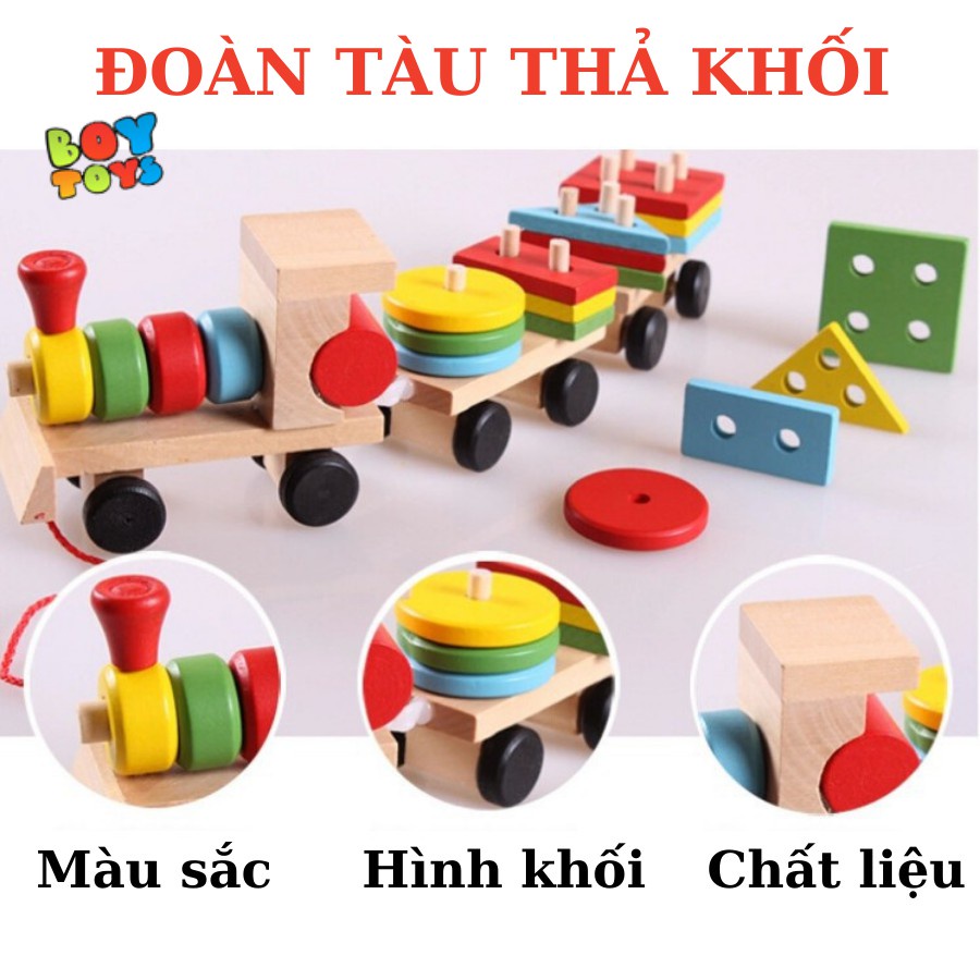 Đồ chơi đoàn tàu thả hình khối bằng gỗ nhiều màu sắc phát triển kĩ năng cơ bản cho bé