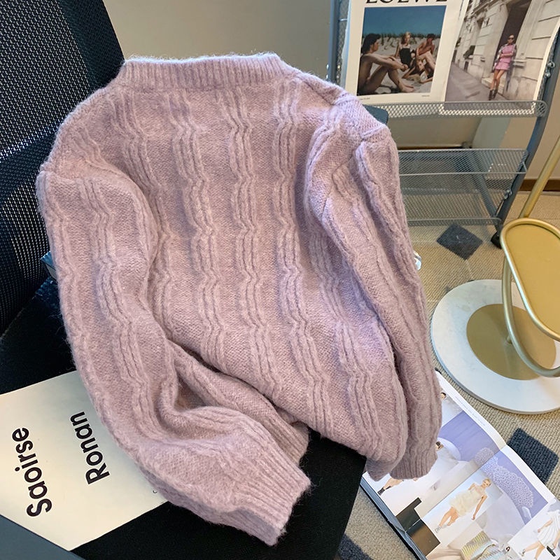 Áo Khoác Cardigan Dệt Kim Tay Dài Họa Tiết Hoa Ba Chiều Màu Tím Ngọt Ngào Thời Trang Mùa Thu Cho Nữ