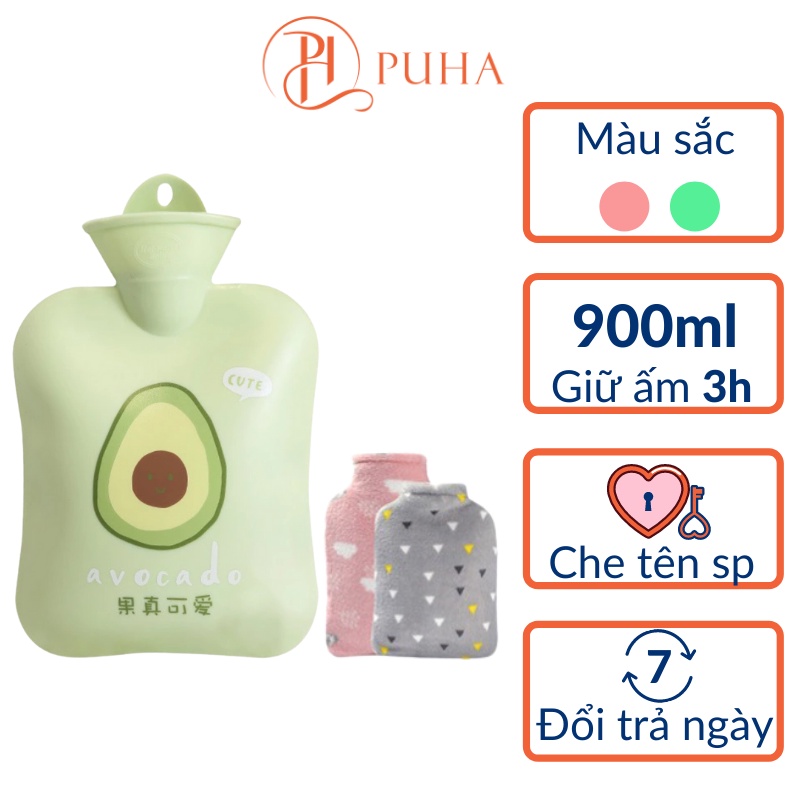 Túi chườm nóng lạnh đa năng giữ nhiệt sưởi ấm giảm đau bụng kinh Puha 900ml màu xanh bơ cute