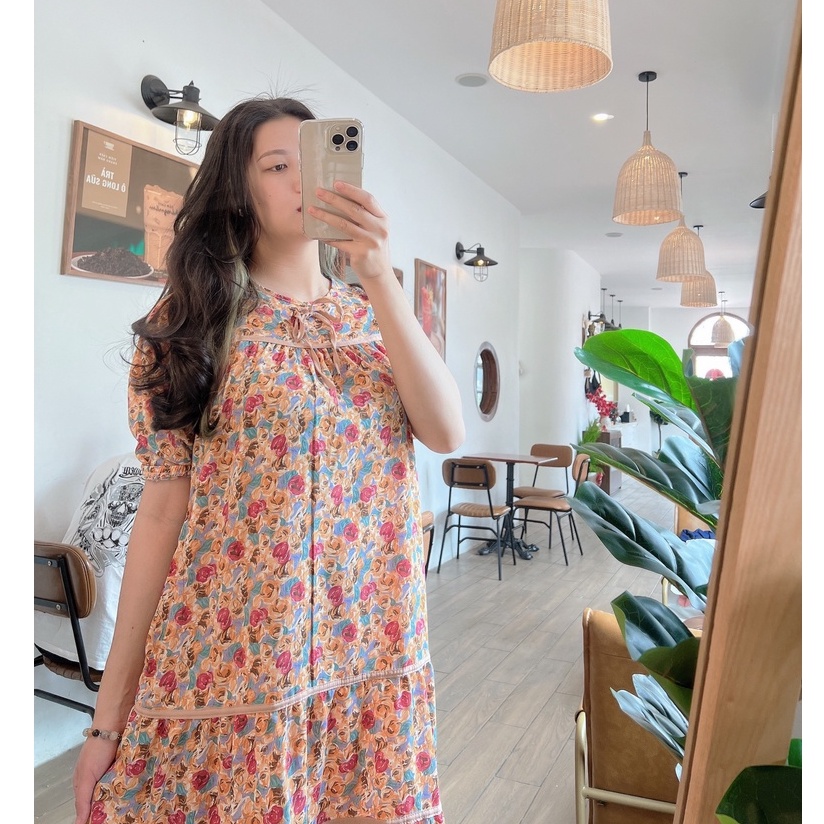 Đầm bầu thời trang thiết kế xinh xắn nơ ngực MSP329 vải lụa hoa Mom and Baby