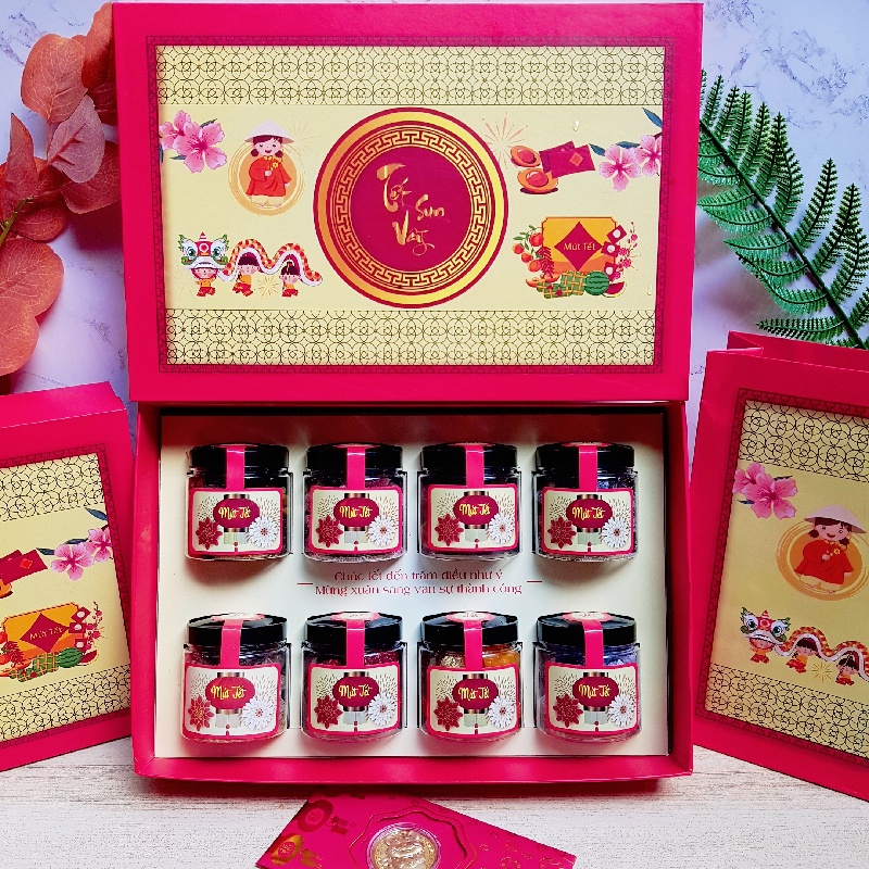 Hộp Quà Tết [ Nhân Mứt Thượng Hạng ] - Hộp Mứt Tết Mix Set 8 Hũ Sang Trọng - Quà Tặng Doanh Nghiệp , Người Thân Tết