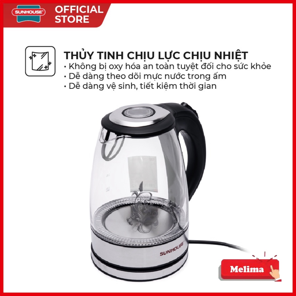 Ấm siêu tốc Sunhouse Thủy tinh cao cấp SHD1217, dung tích 1.7L, Bảo hành 12 tháng, Thân ấm xoay 360 độ, siêu đẹp, Melima