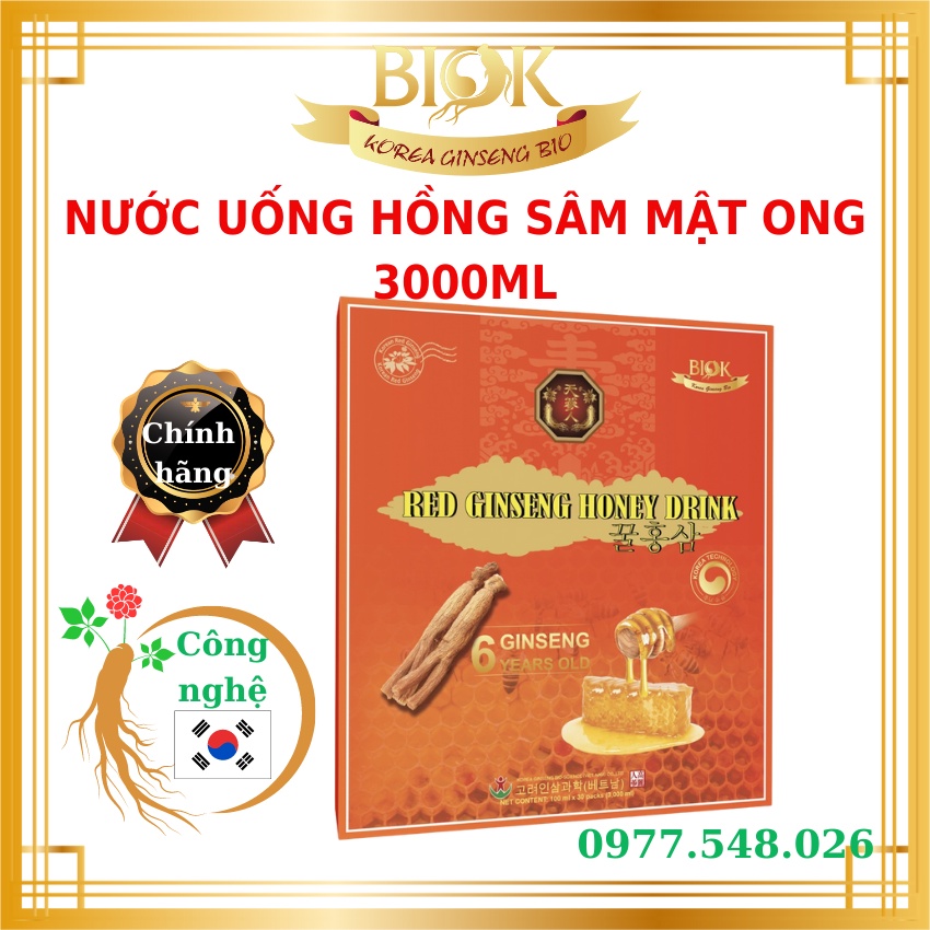 Nước uống hồng sâm mật ong Hàn Quốc chính hãng Biok hộp to 30 gói *100ml, Tinh chất hồng sâm 6 năm tuổi, Chiết xuất sâm