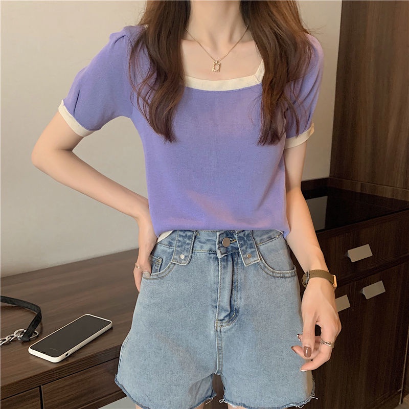 COZOK Áo Thun Tay Ngắn Cổ Vuông Dáng Ôm Màu Sắc Tương Phản Phong Cách Hàn Quốc Thời Trang