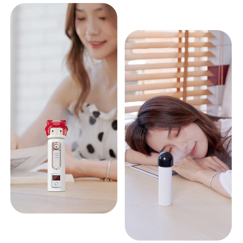 Máy Xịt Khoáng, Phun Sương Đo Độ Ẩm Da Thông Minh Nano Spray Cầm tay Mini Hoạt Hình Dễ Thương 30ml - Tặng Kèm Dây Sạc