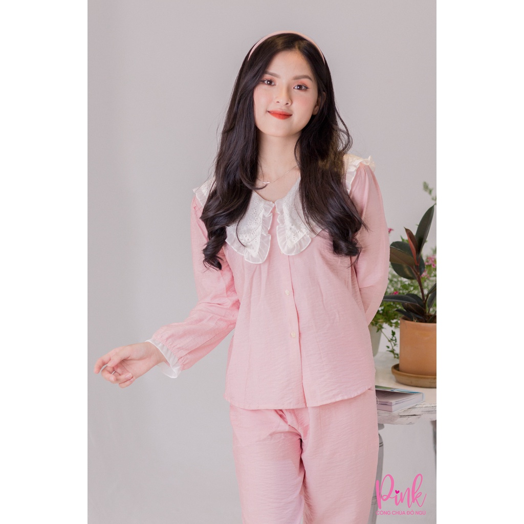 Bộ Ngủ Pijama Hồng Tay Dài Quần Dài Trẻ Trung Vải Đũi Siêu Cấp  Đồ Ngủ Nữ Dễ Thương Nữ Tính Thời Trang