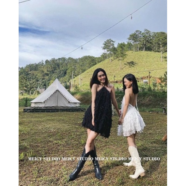 FEATHER DRESS - Đầm cổ yếm lông vũ tiểu thư thanh lịch
