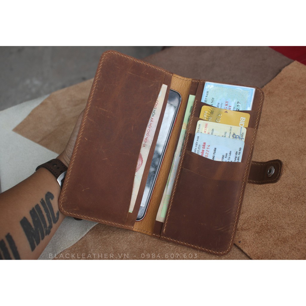 Ví dài da bò sáp  Handmade Tặng Kèm Móc khóa da