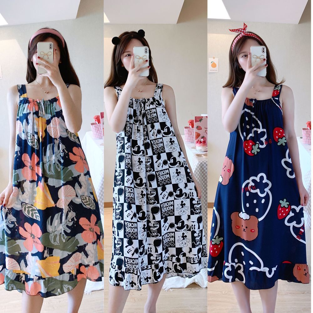 Đầm ngủ hai dây thun mềm mịn có đệm ngực đuôi xếp li