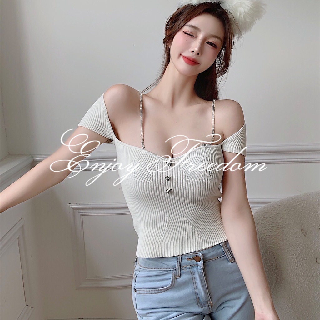 Enjoy Freedom Áo Dệt Kim Dáng Ôm Hở Xương Quai Xanh Gợi Cảm Thời Trang Mới 2022 Dành Cho Bạn Nữ áo croptop