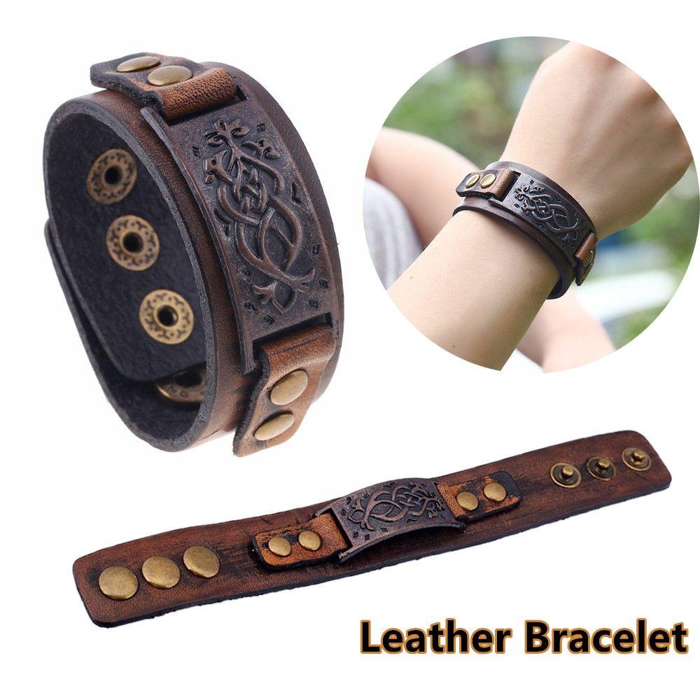 Vòng Đeo Tay Bằng Da Bản Rộng Có Khóa Hợp Kim Điều Chỉnh Được Phong Cách Punk